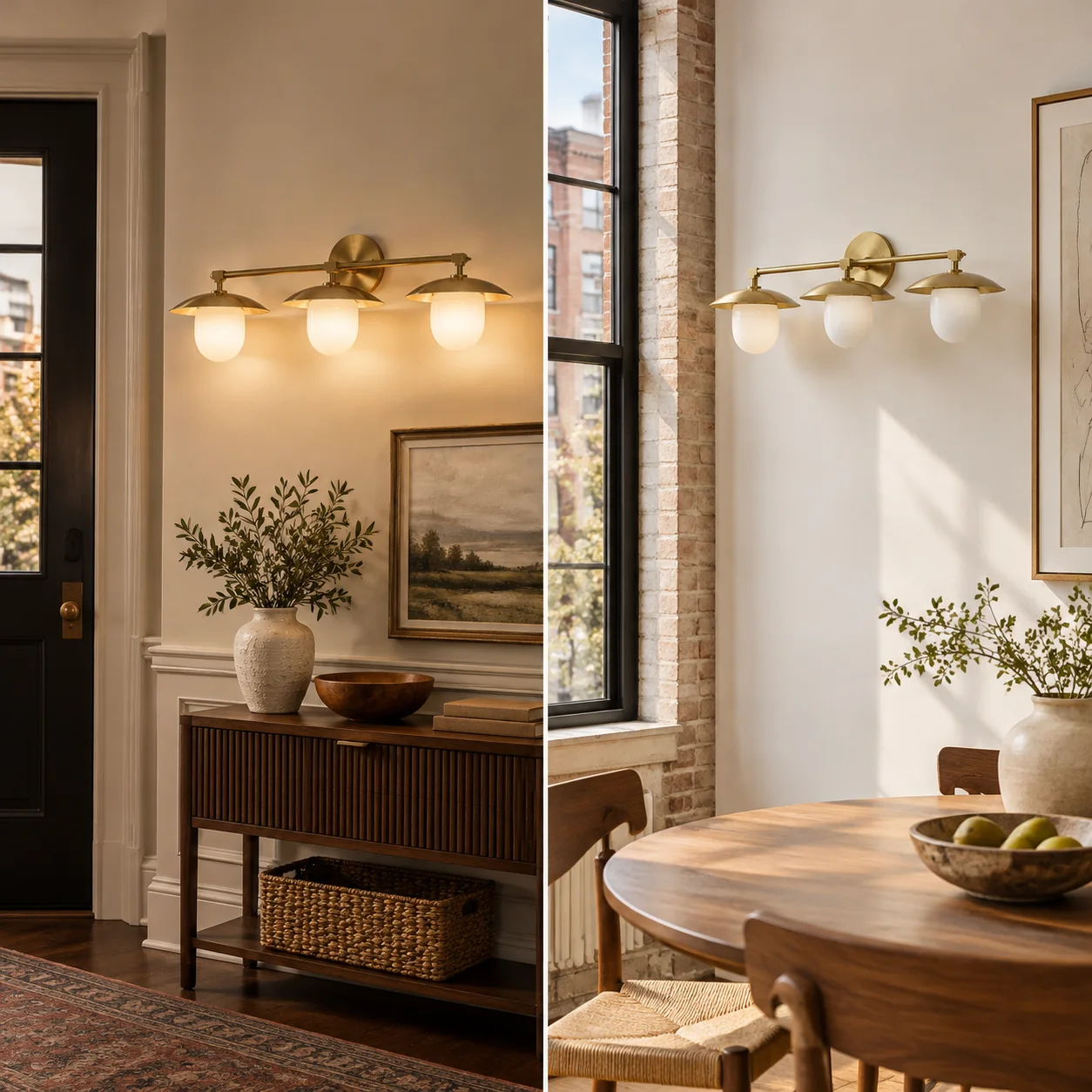 Brass-Finish Wall Sconce | Frosted White Glass Globe — A layered perspective - New2609-1024410 interior scene