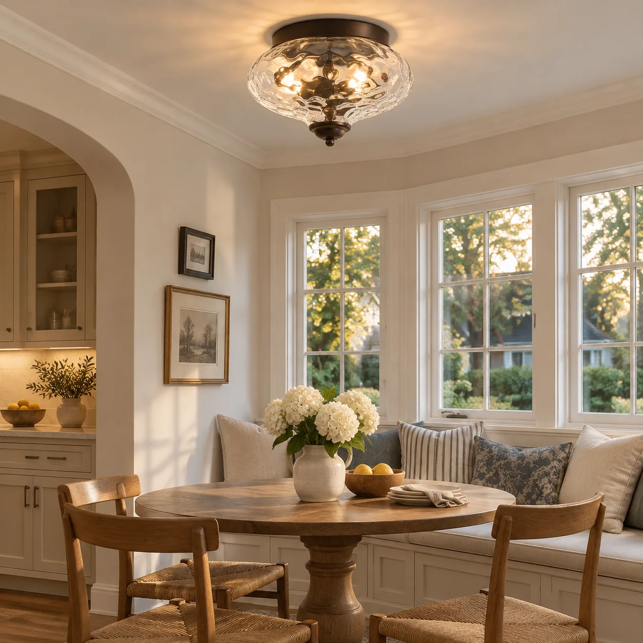 Low Ceilings | Two-Light Hammered Glass Ceiling Fixture — A layered perspective - New2609-1024579 interior scene