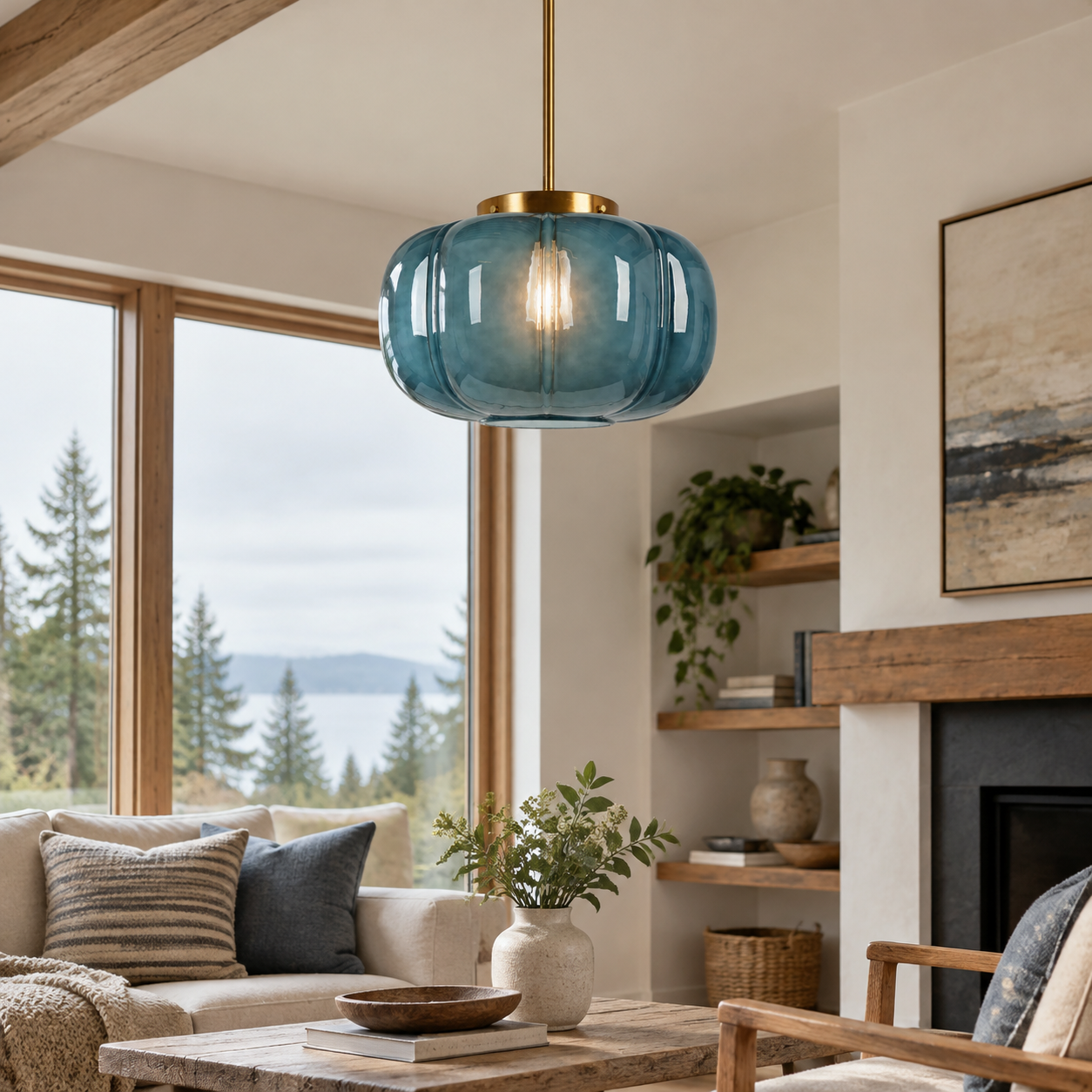 Ribbed Glass Single-Light Dome Pendant | Brass Finish — A layered perspective - New2609-1024641 interior scene