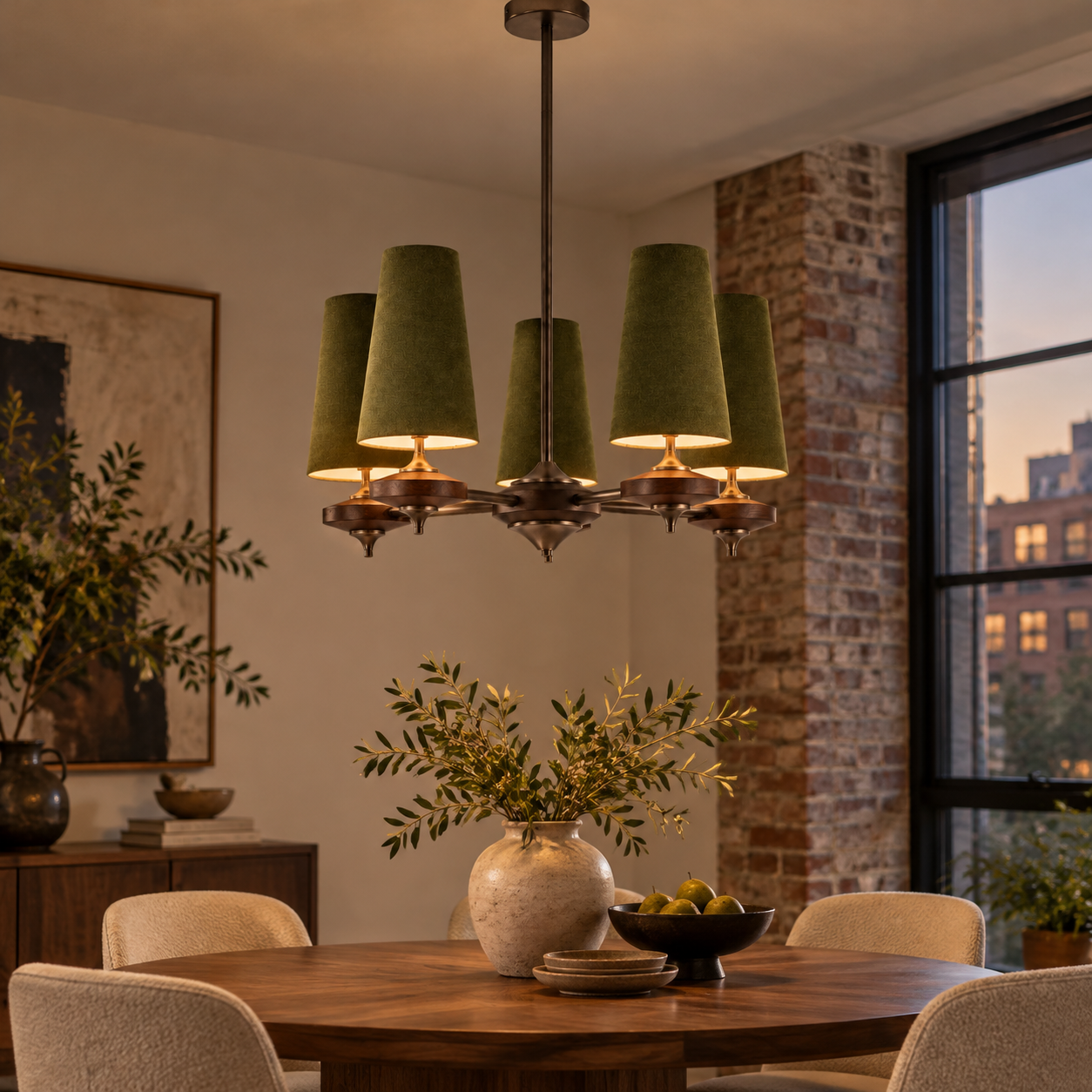 Hour Rho Walnut-Toned Wood | and Velvet Radial Chandelier — A layered perspective - New2609-1024566 interior scene