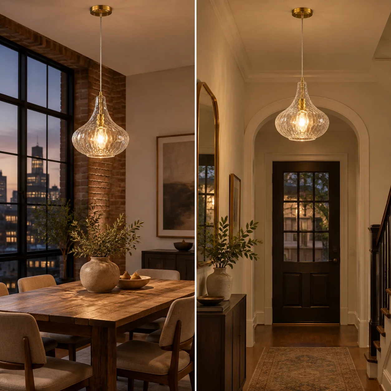 11 inch / 28 cm Vintage Textured Glass Pendant Light | Adjustable Stem — A layered perspective - New2609-1024506 interior scene