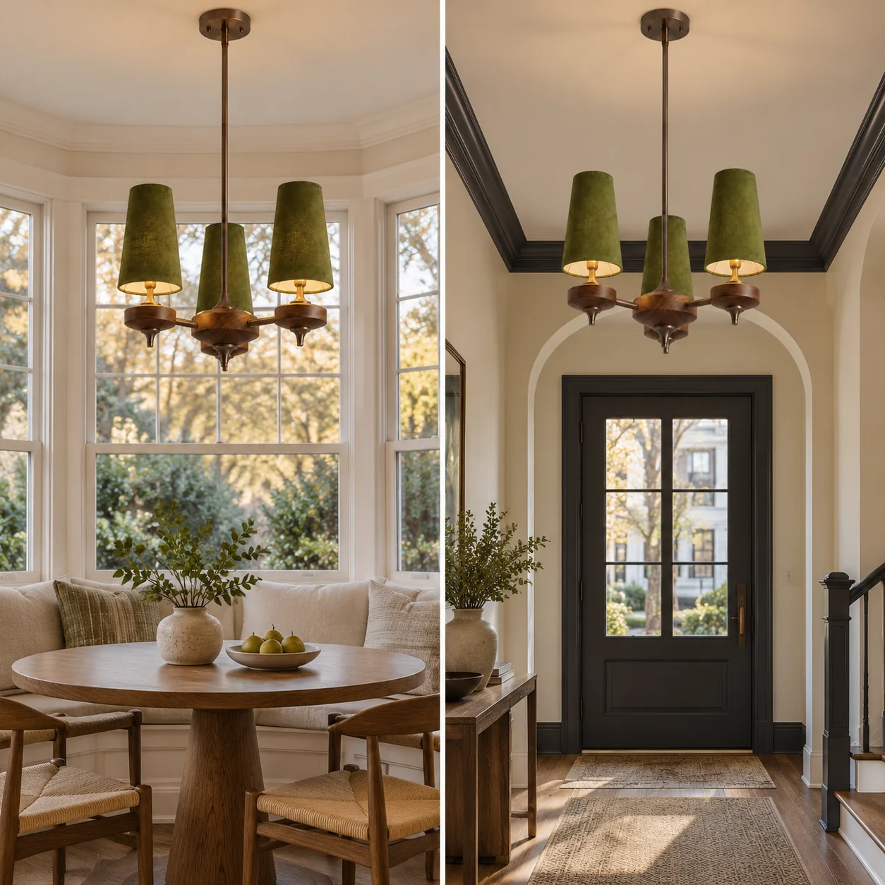 Hour Rho Walnut-Toned Wood | and Velvet Radial Chandelier — A layered perspective - New2609-1024563 interior scene