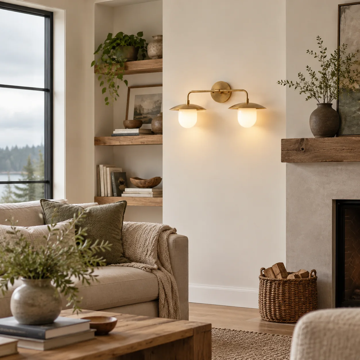 Brass-Finish Wall Sconce | Frosted White Glass Globe — A layered perspective - New2609-1024411 interior scene