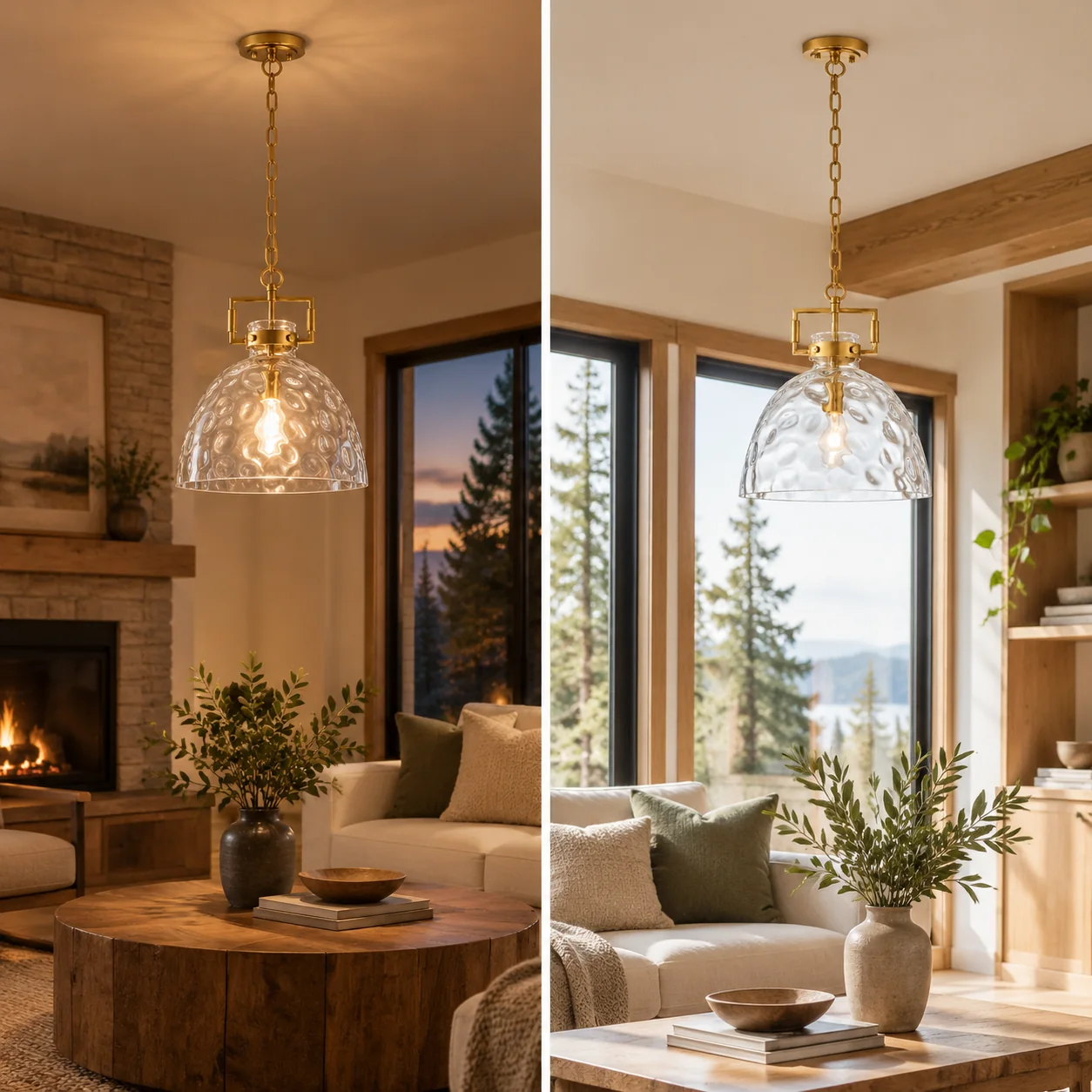Clear Hammered Glass Pendant Light — Adjustable Chain — 13.8 inch / 35 cm, Gold, Chrome - New2609-1024497 interior scene