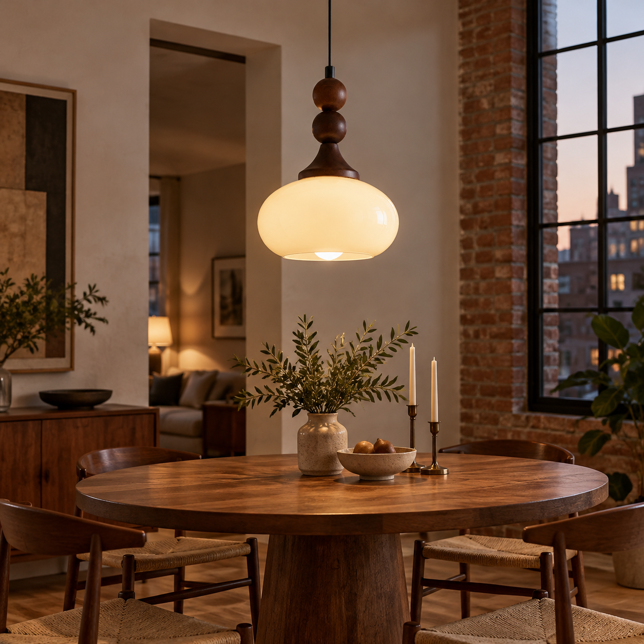 Shaped Glass Pendant — Turned Rubberwood Accents in Brown or Cream — A layered perspective - New2609-1024582 interior scene