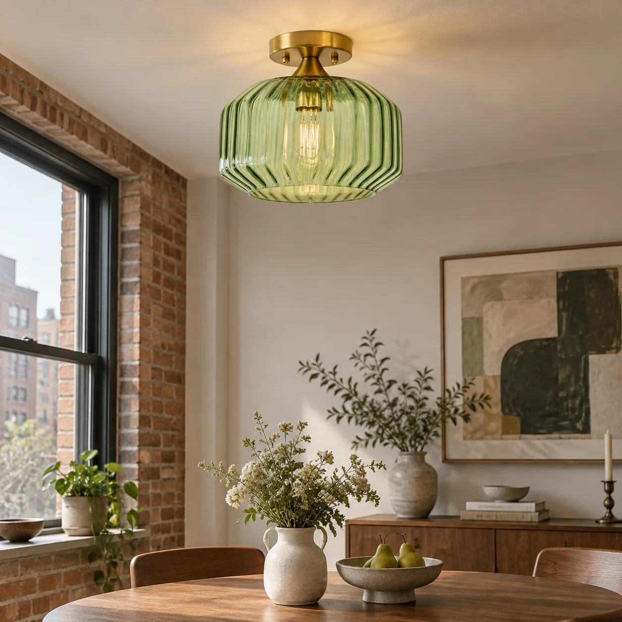 Elara Ribbed Glass Close-to-Ceiling Light | Brushed Brass — A layered perspective - New2609-1024550 interior scene