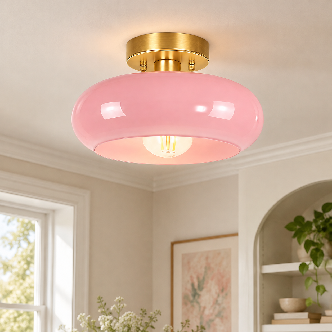 Brass-Finished Mount: Bauvia Round Glass Ceiling Light — A layered perspective - New2609-1024642 interior scene