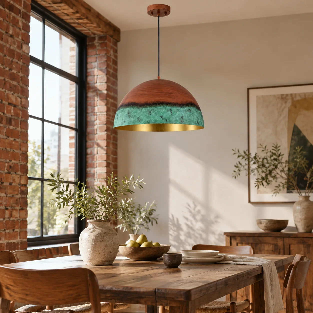 Textured Copper Patina Iron Dome Pendant Light — Gold Interior — A layered perspective - New2609-1024557 interior scene