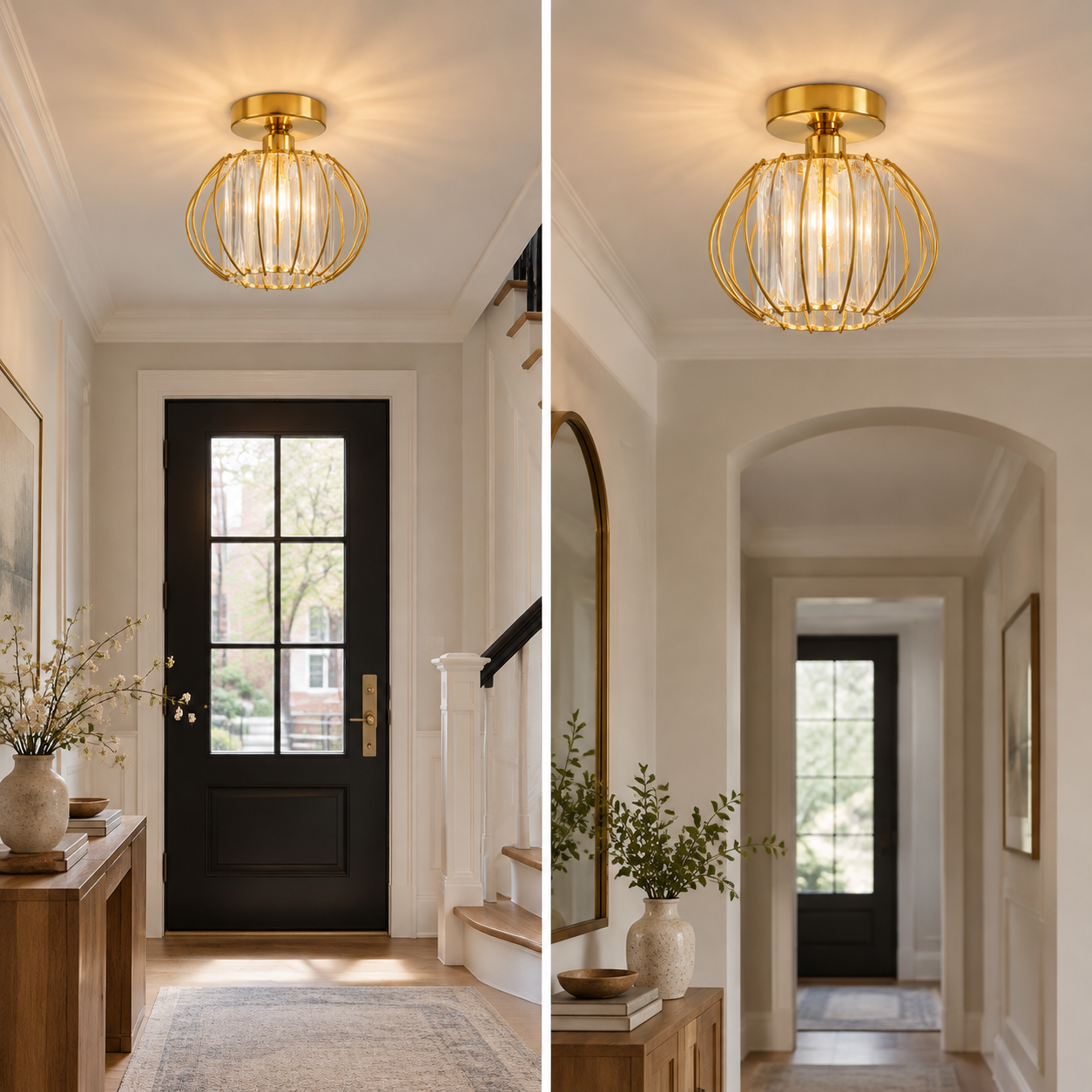 Geometric Cage Semi-Flush Crystal Ceiling Light — Clear Panels — A layered perspective - New2609-1024521 interior scene
