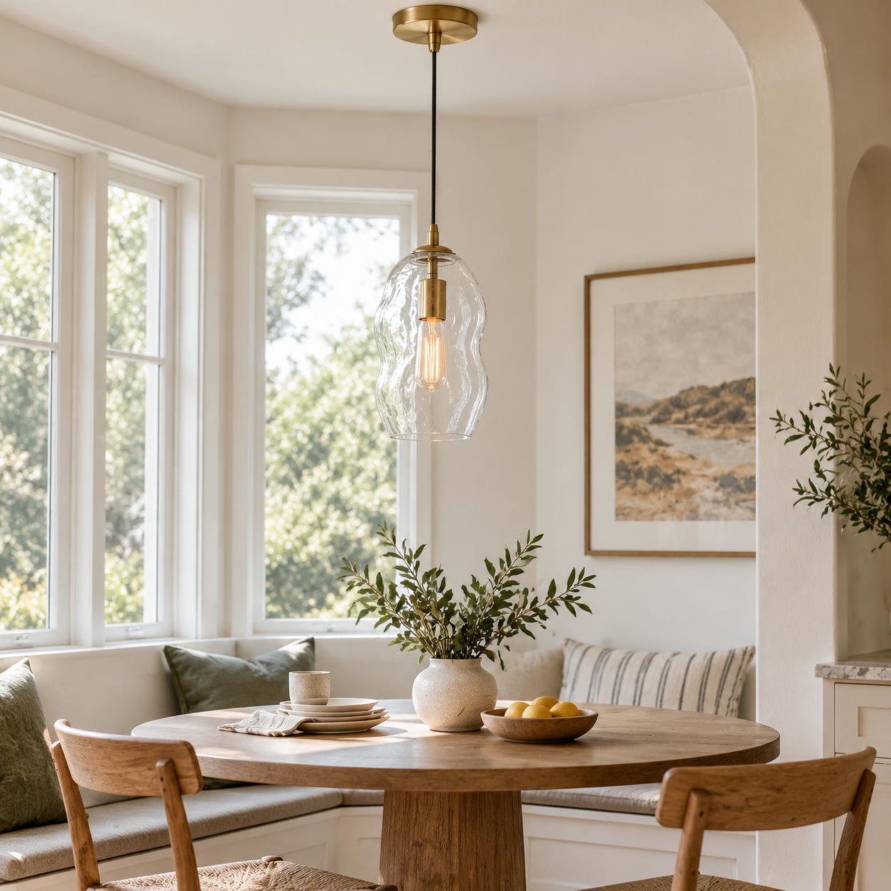 Brass-Finish Canopy | Hand-Blown Glass Globe Pendant — A layered perspective - New2609-1024547 interior scene