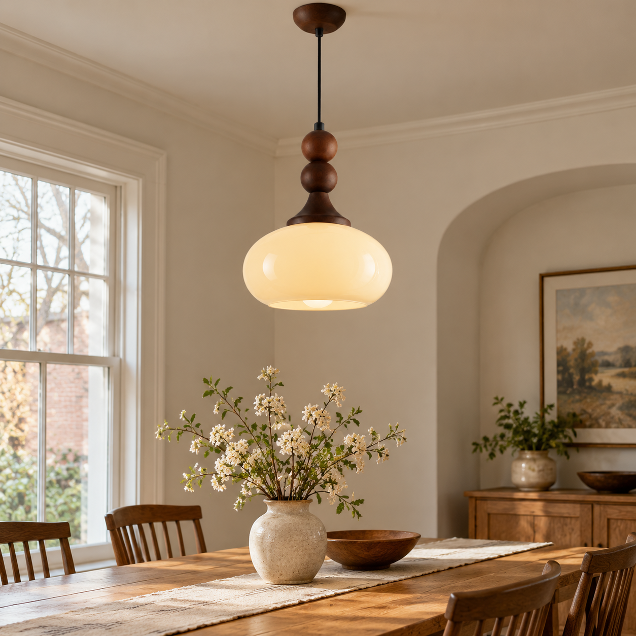 Shaped Glass Pendant Light with brown or cream, a sculptural shade and glass and wood - New2609-1024582 scene 4