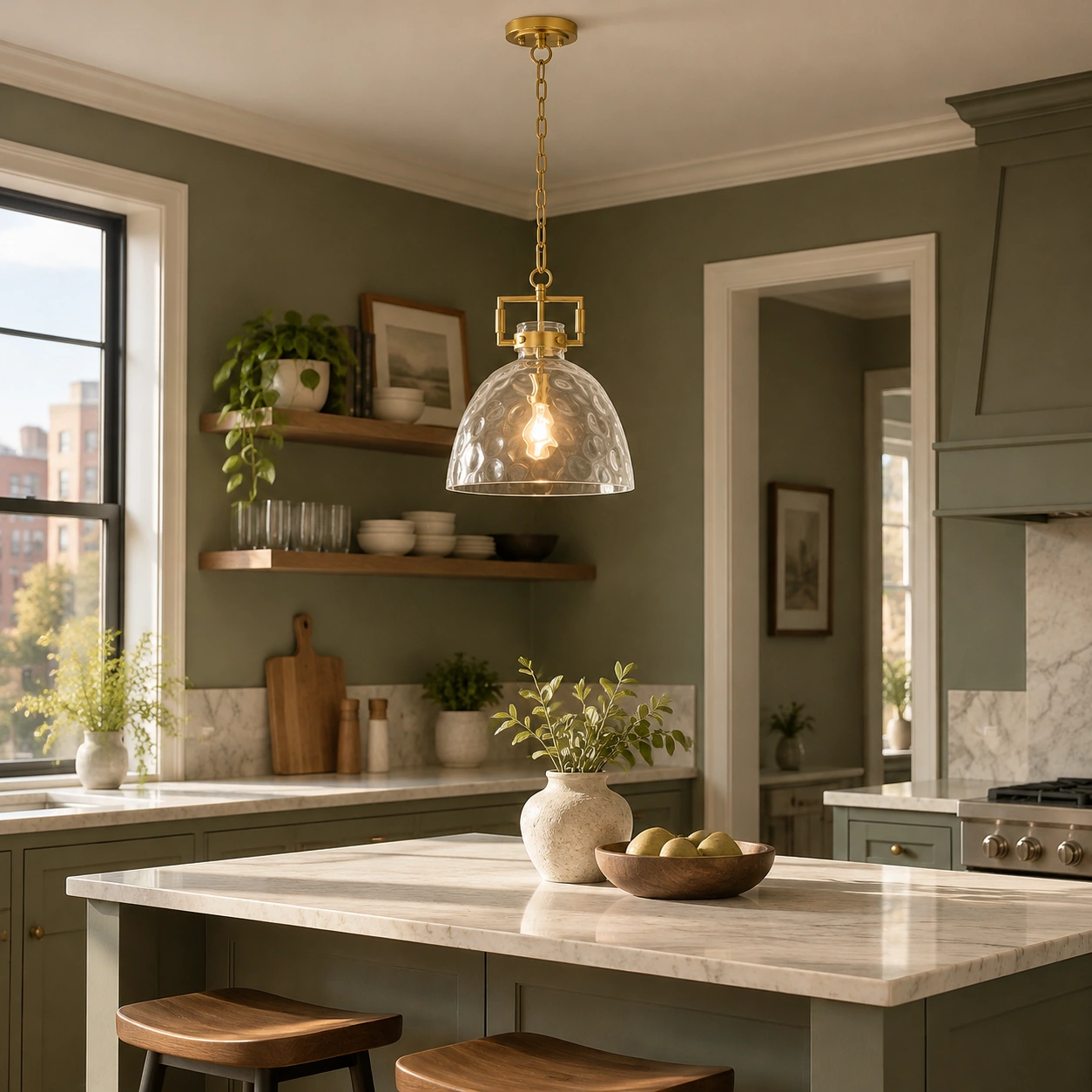 Hammered Glass Pendant Light with a 13.8-inch shade, clear textured glass and an open bottom - New2609-1024497 scene 4