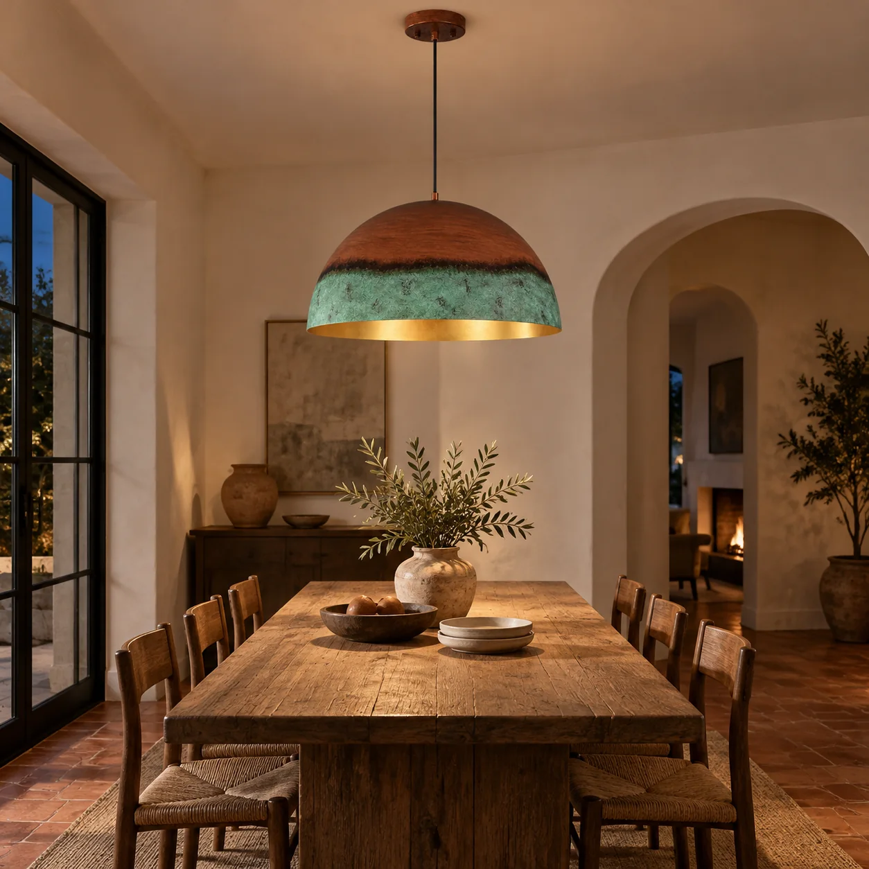 Copper Patina Dome Pendant with textured iron, two shade sizes and a metal suspension - New2609-1024556 scene 4