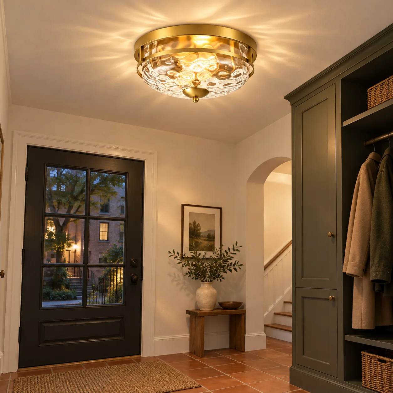 Hammered Glass Flush Ceiling Light: two E26 sockets, rippled clear glass, a low-profile form - New2609-1024589 scene 4