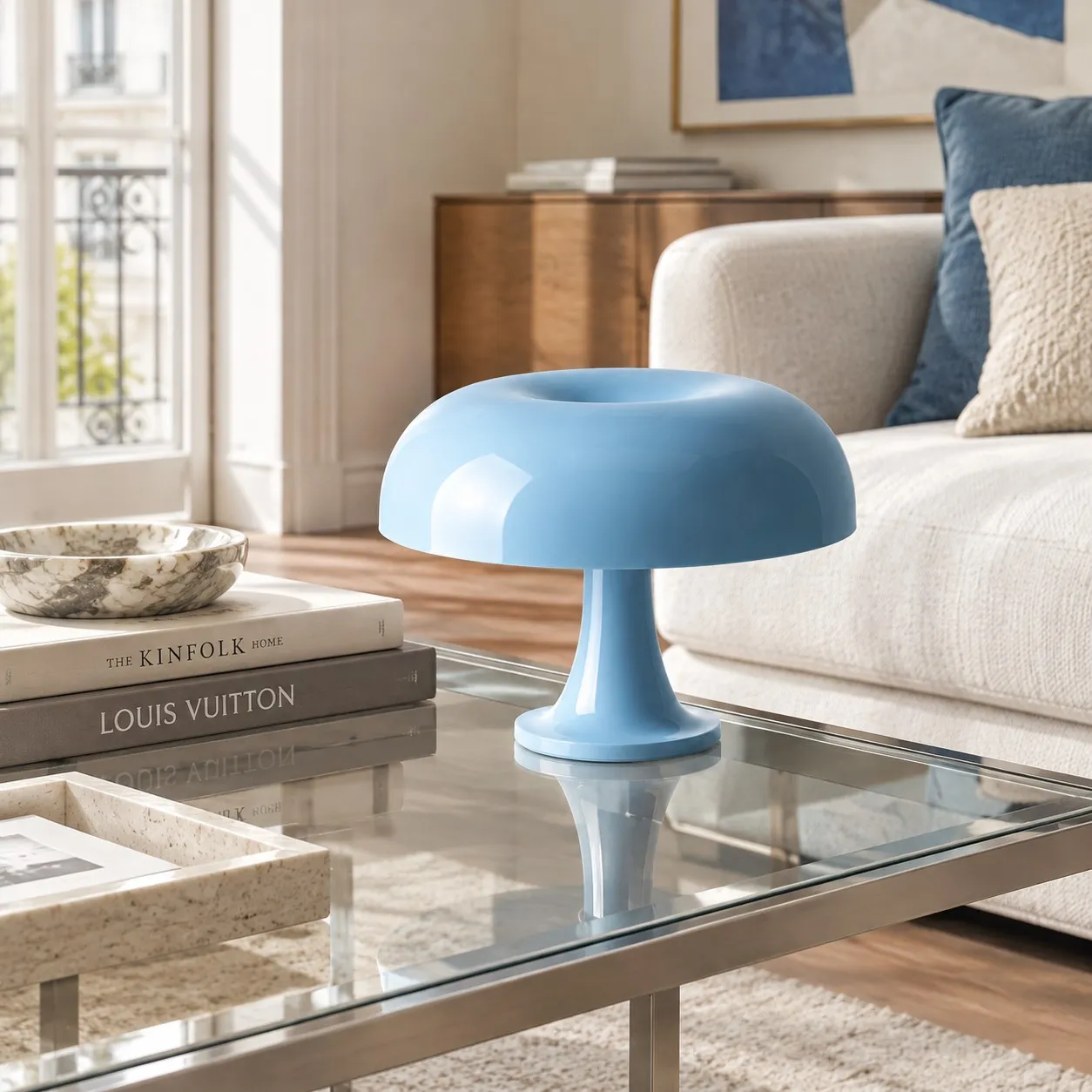 Sky blue Nessino lamp in a bright living space