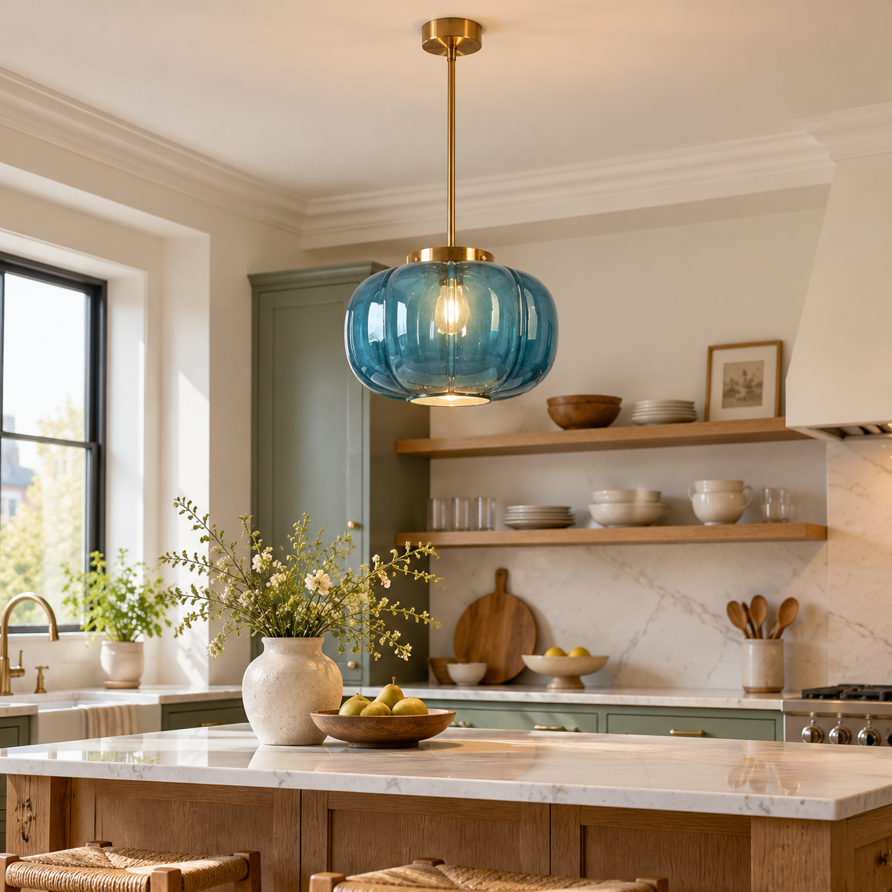 Ribbed Glass Dome Pendant with blue or clear glass, one light and a rounded shade - New2609-1024641 scene 4