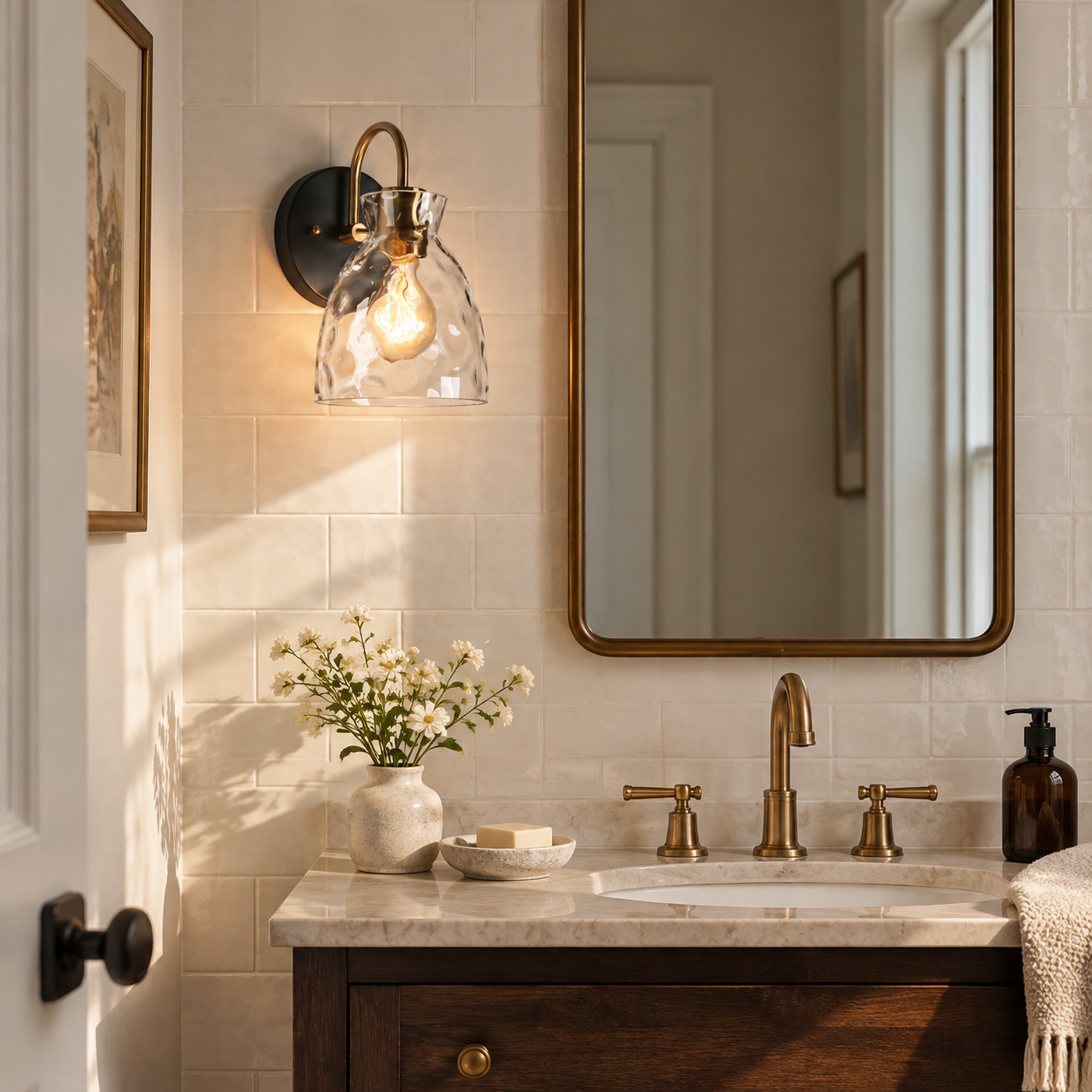 Textured Glass Wall Sconce with a clear shade, a curved arm and a metal wall frame - New2609-1024567 scene 4