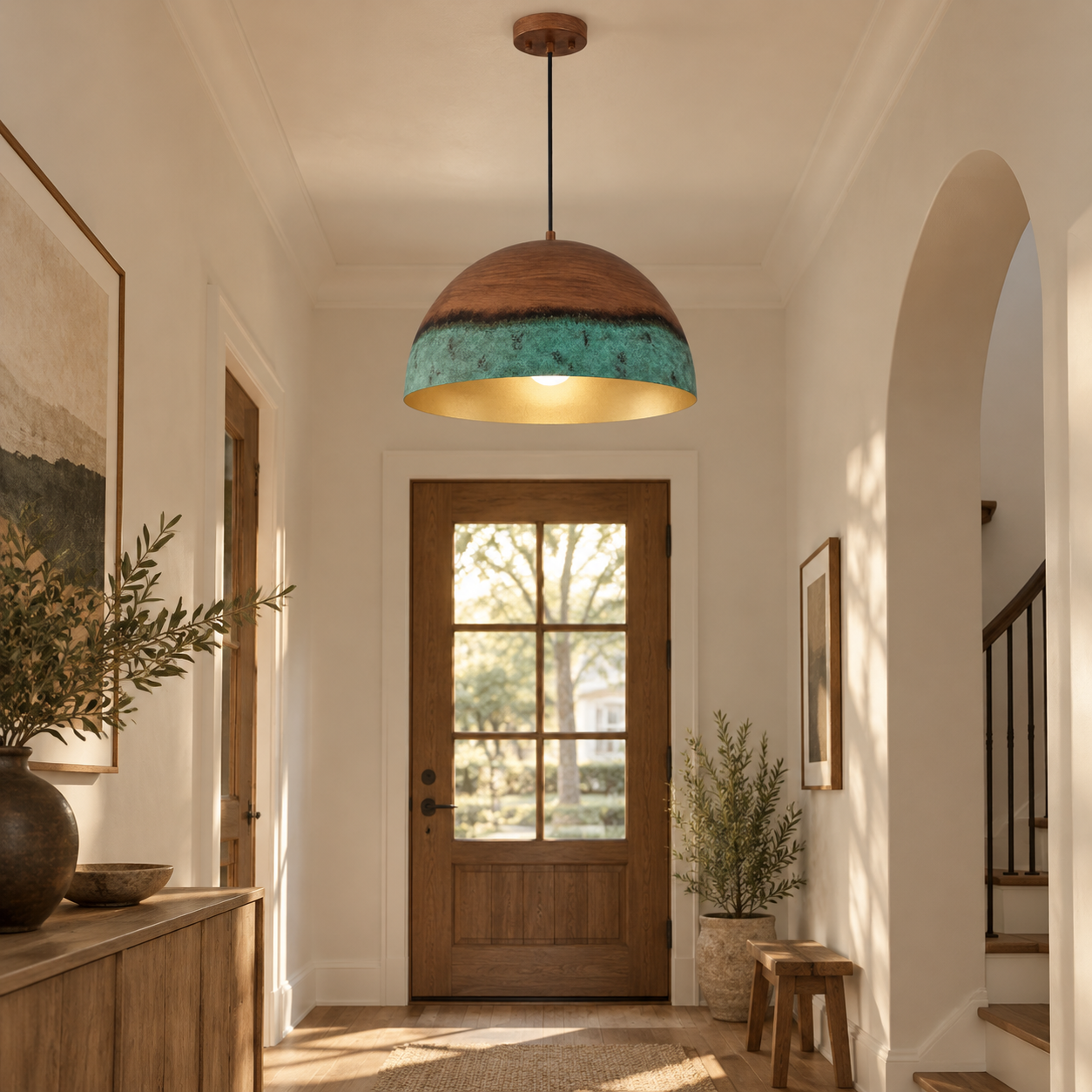 Copper Patina Dome Pendant with textured iron, two shade sizes and a metal suspension - New2609-1024557 scene 3