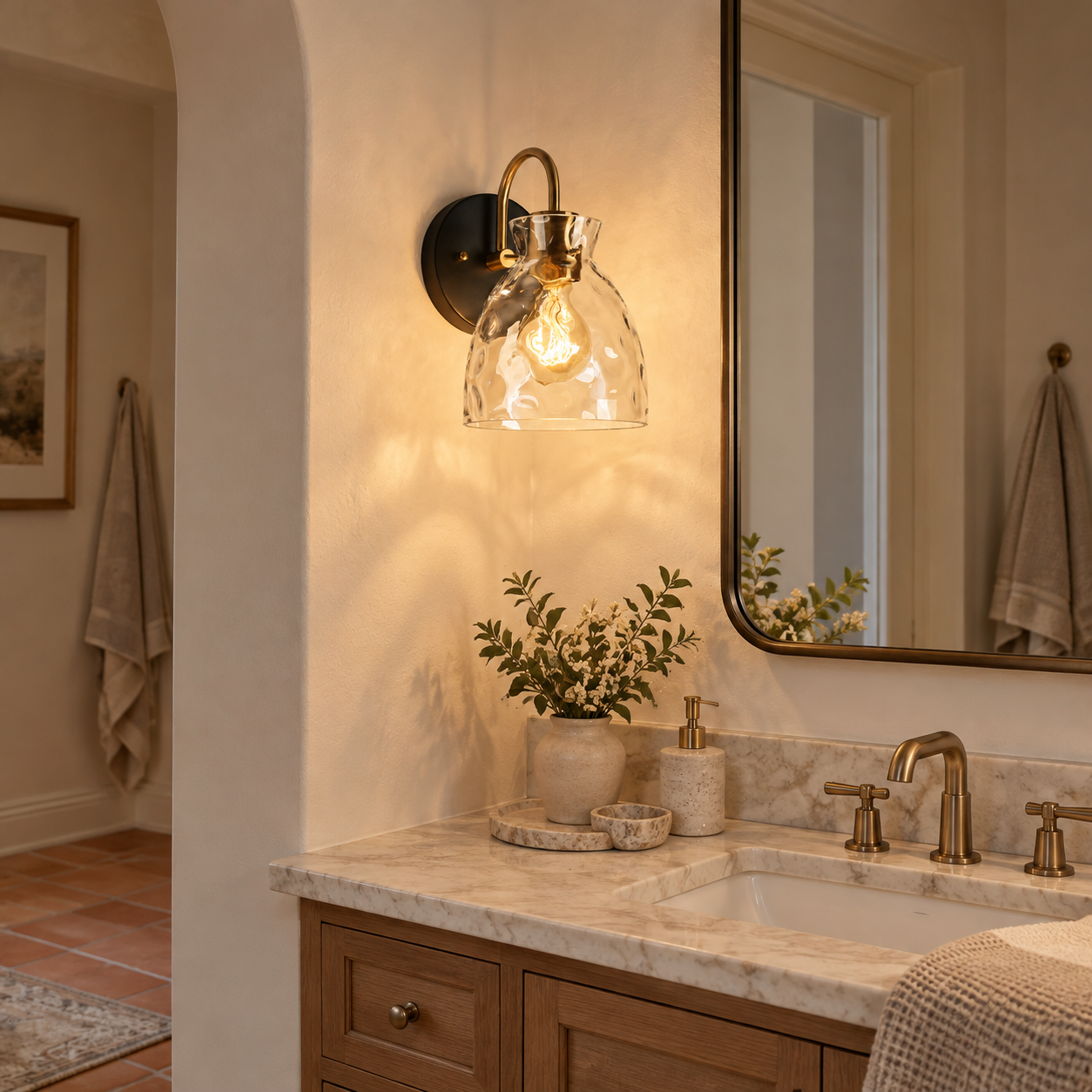 Textured Glass Wall Sconce with a clear shade, a curved arm and a metal wall frame - New2609-1024567 scene 2