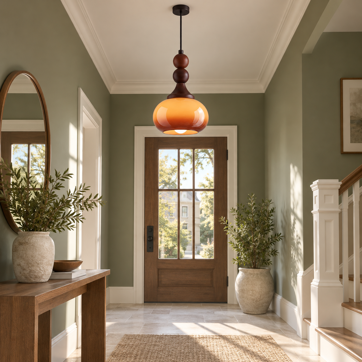 Shaped Glass Pendant Light with brown or cream, a sculptural shade and glass and wood - New2609-1024583 scene 3