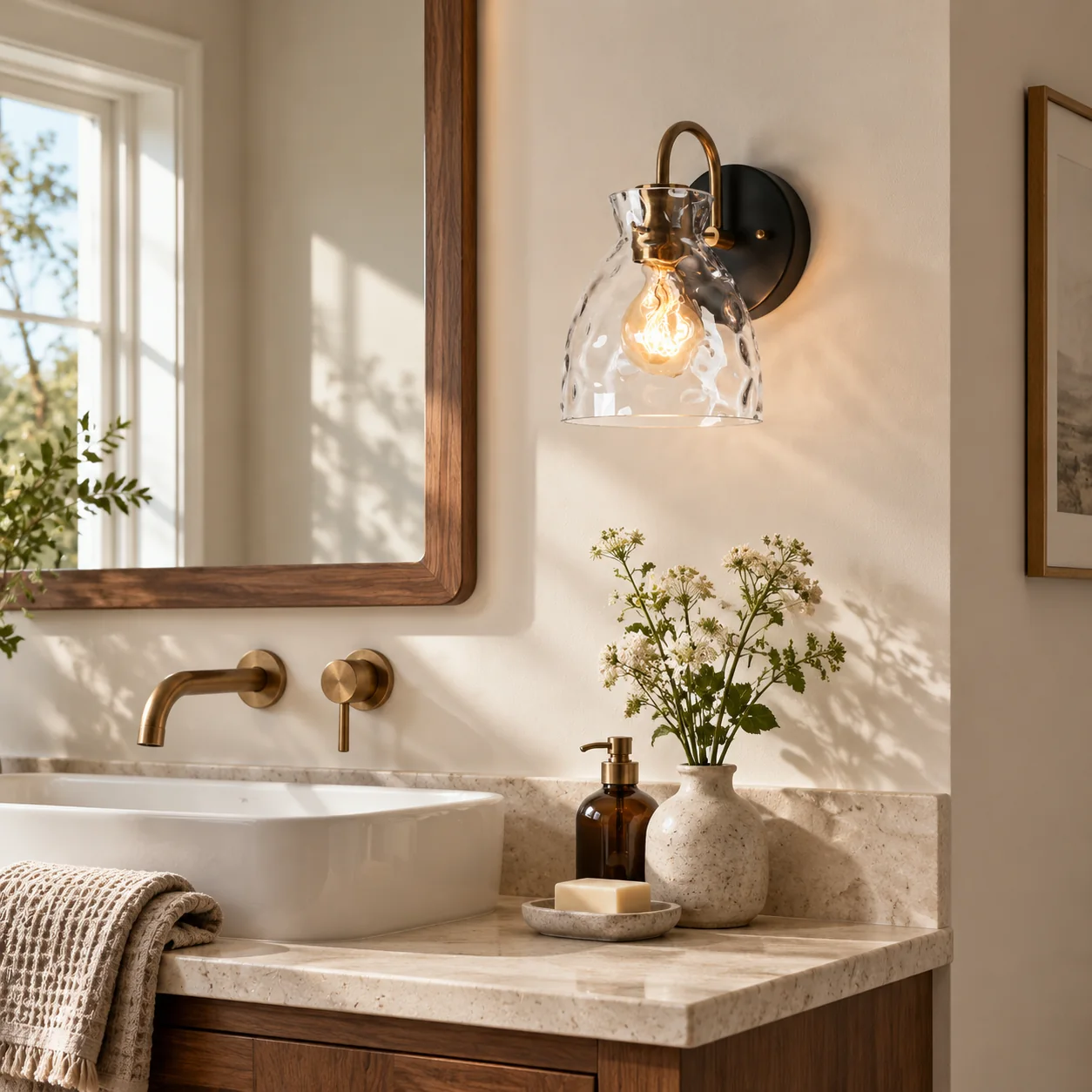 Textured Glass Wall Sconce with a clear shade, a curved arm and a metal wall frame - New2609-1024567 scene 3