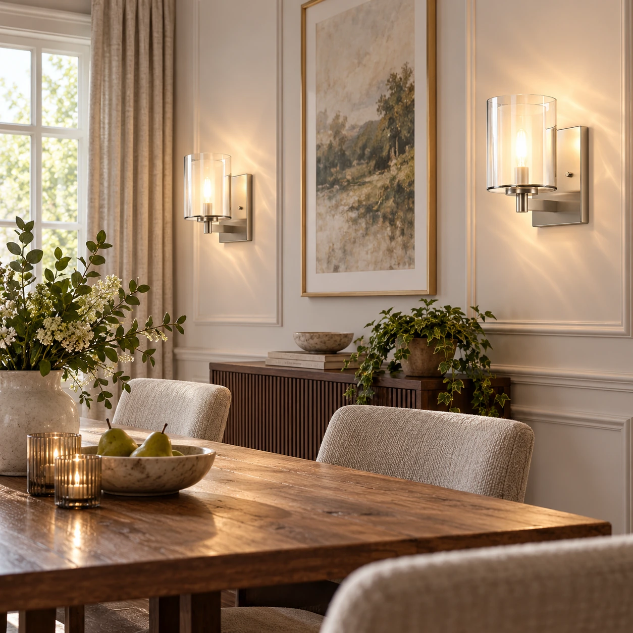 Set of 2 Double-Glass Wall Sconces — Reversible Mounting — A layered perspective - New2609-1024568 interior scene