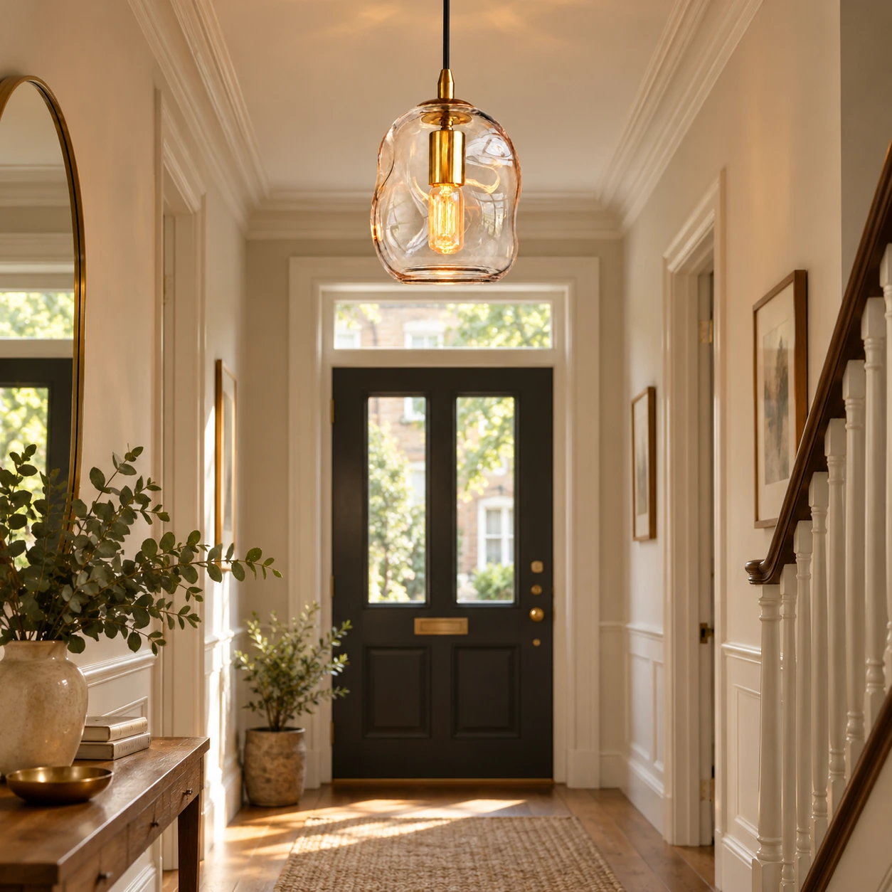 Brass-Finish Canopy | Hand-Blown Glass Globe Pendant — A layered perspective - New2609-1024549 interior scene