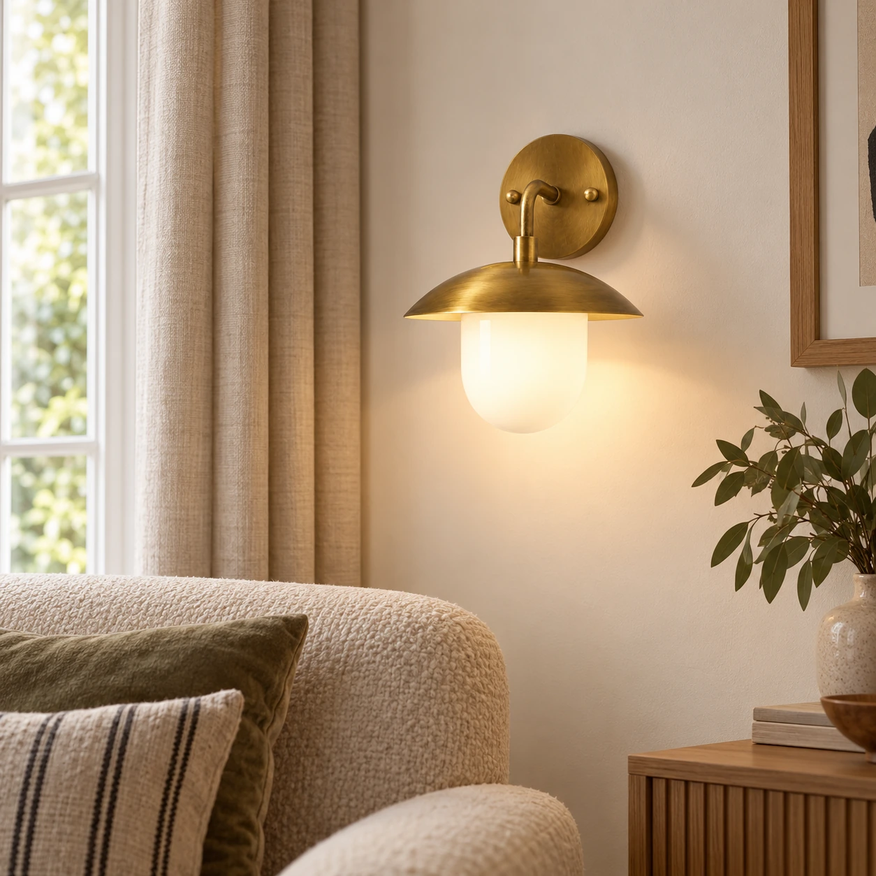 Brass-Finish Wall Sconce | Frosted White Glass Globe — A layered perspective - New2609-1024412 interior scene