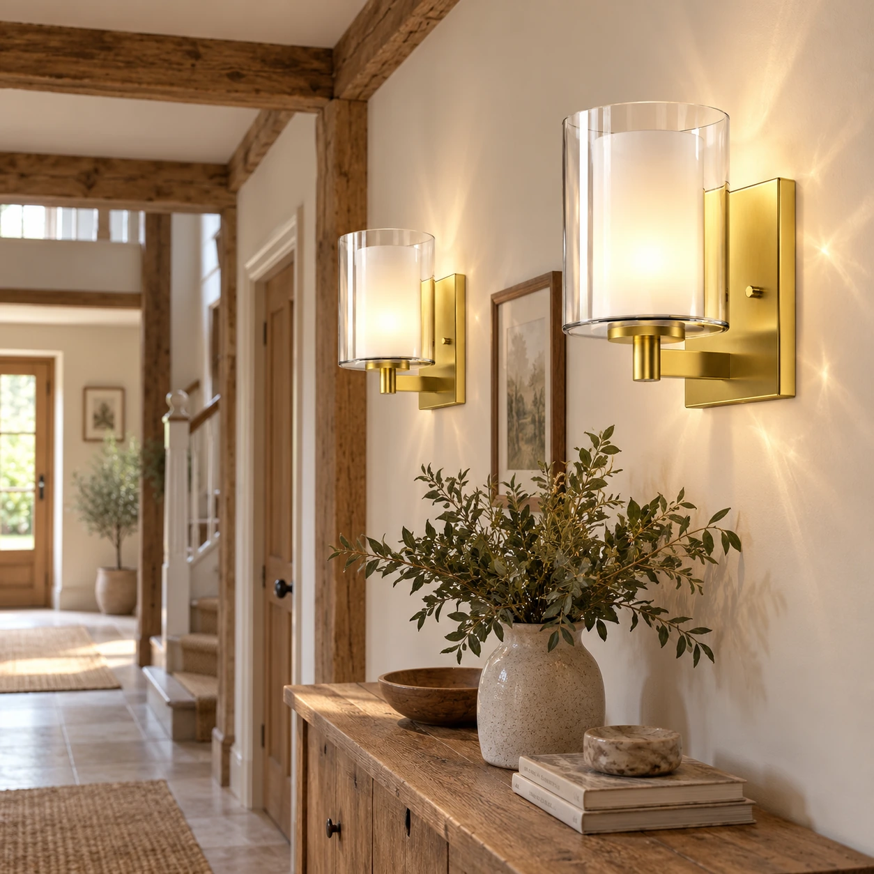 Set of 2 Double-Glass Wall Sconces — Reversible Mounting — A layered perspective - New2609-1024569 interior scene
