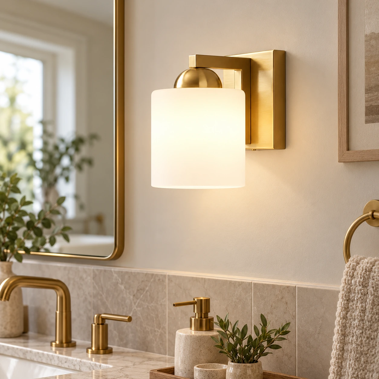 Cylindrical Glass Shades | Modern Metal Bathroom Vanity Light — A layered perspective - New2609-1024431 interior scene