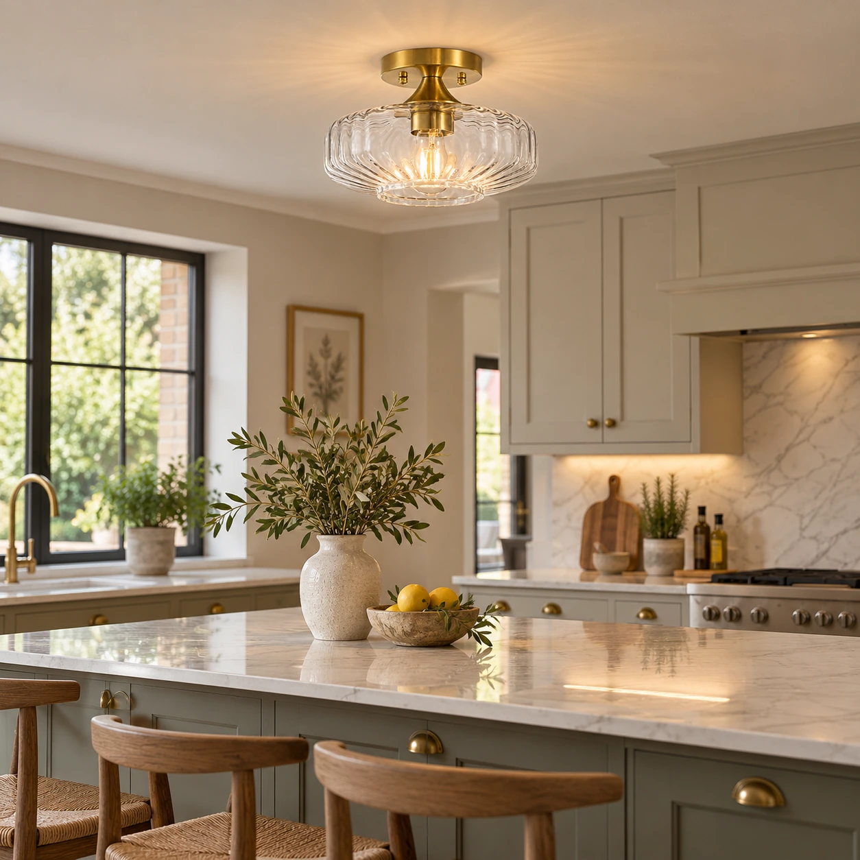 Elara Ribbed Glass Close-to-Ceiling Light | Brushed Brass — A layered perspective - New2609-1024555 interior scene