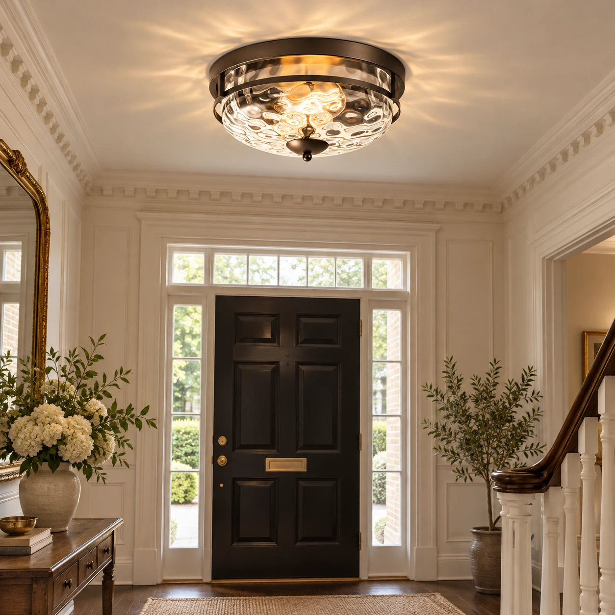 Two E26 Sockets: Rippled Clear-Glass Flush Ceiling Light — A layered perspective - New2609-1024588 interior scene