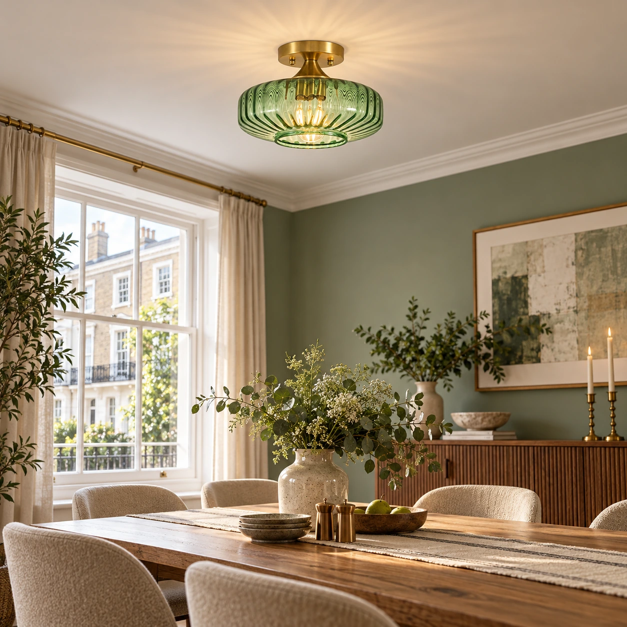 Elara Ribbed Glass Close-to-Ceiling Light | Brushed Brass — A layered perspective - New2609-1024553 interior scene