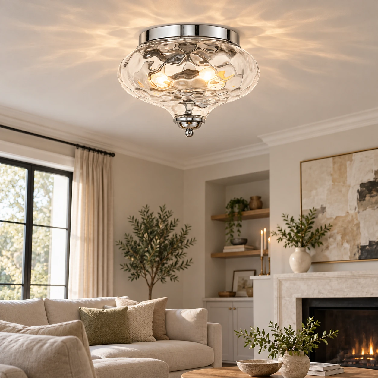 Low Ceilings | Two-Light Hammered Glass Ceiling Fixture — A layered perspective - New2609-1024580 interior scene