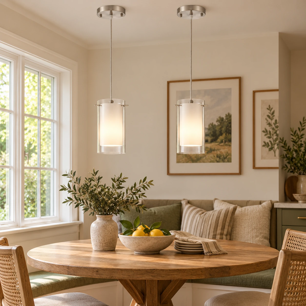 Chrome Finish, Clear and White Shades | Modern Double Glass Pendant Light — A layered perspectiv - New2609-1024585 interior scene