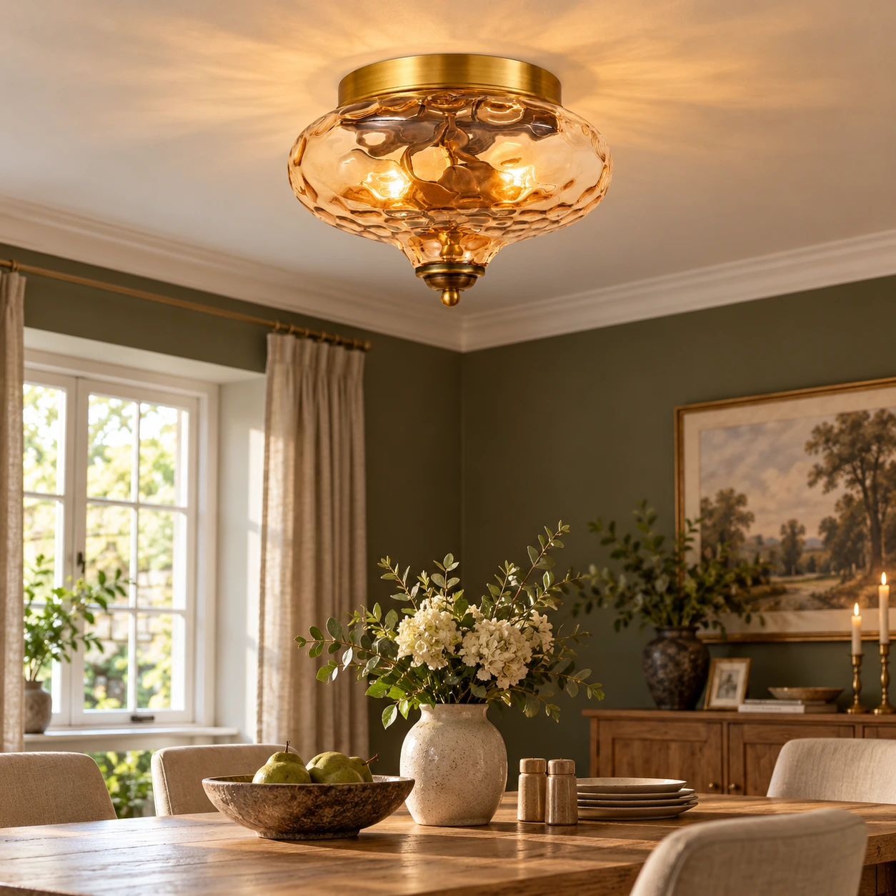 Low Ceilings | Two-Light Hammered Glass Ceiling Fixture — A layered perspective - New2609-1024577 interior scene