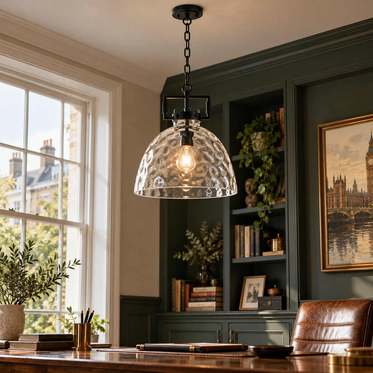 Clear Hammered Glass Pendant Light — Adjustable Chain — 13.8 inch / 35 cm, Gold, Chrome - New2609-1024495 interior scene