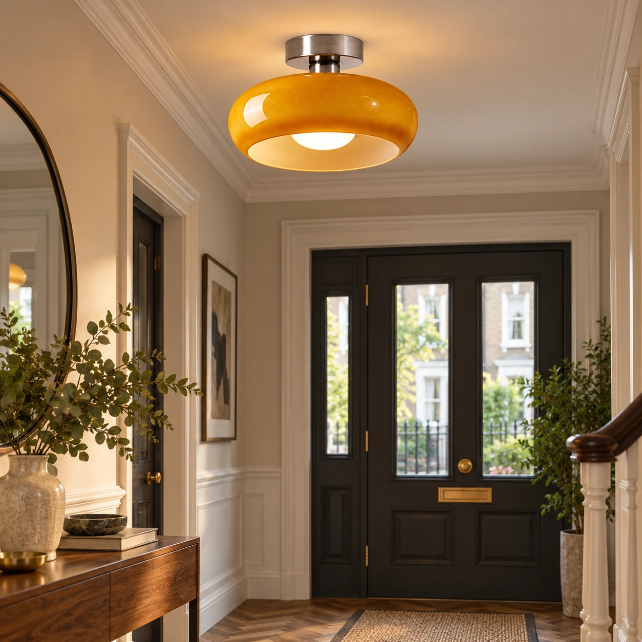 Brass-Finished Mount: Bauvia Round Glass Ceiling Light — A layered perspective - New2609-1024653 interior scene