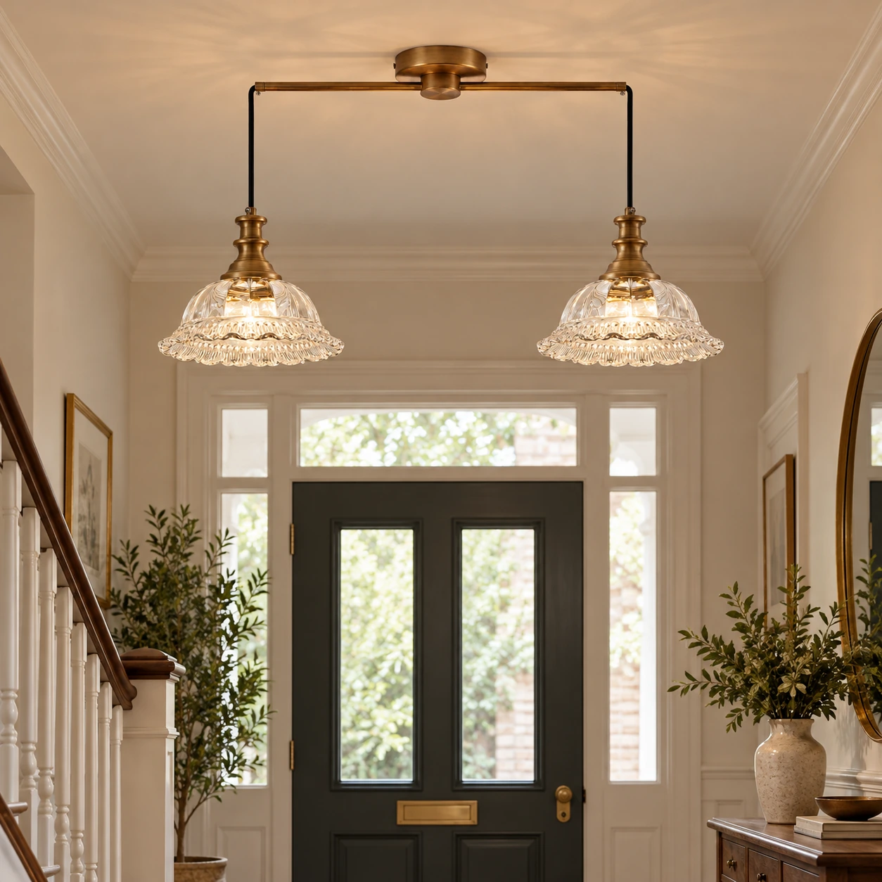 Vintage Fluted Glass Pendant Light — Scalloped Shade, Brass - New2609-1024437 interior scene