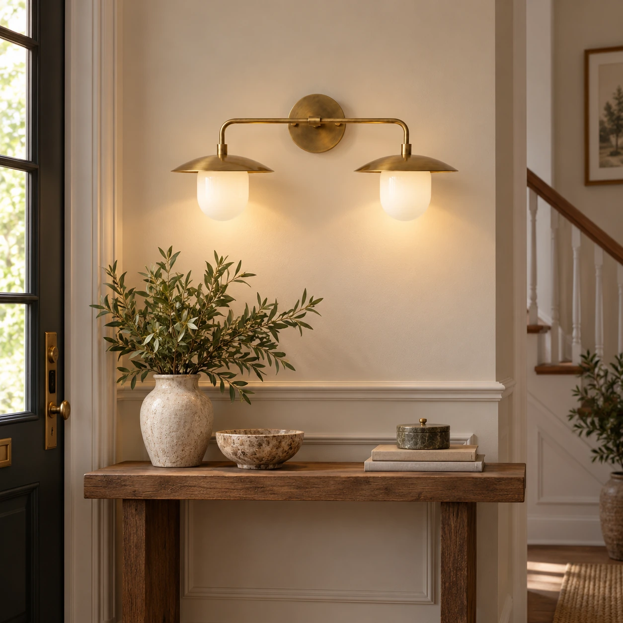 Brass-Finish Wall Sconce | Frosted White Glass Globe — A layered perspective - New2609-1024411 interior scene
