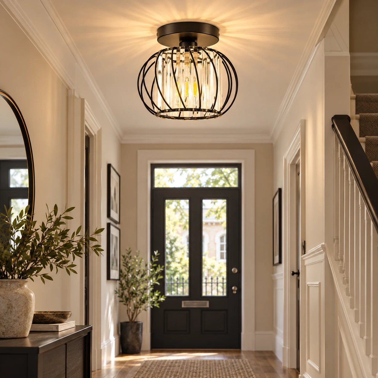 Geometric Cage Semi-Flush Crystal Ceiling Light — Clear Panels — A layered perspective - New2609-1024522 interior scene