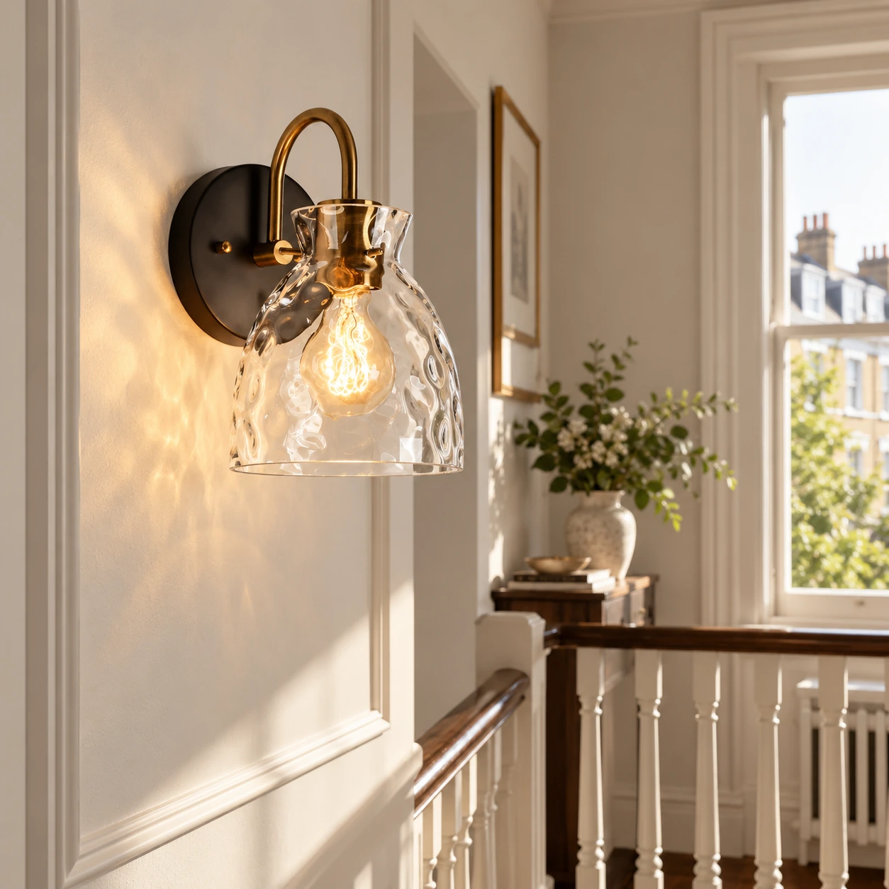 Brass Textured Clear | Glass Armed Wall Sconce — A layered perspective - New2609-1024567 interior scene