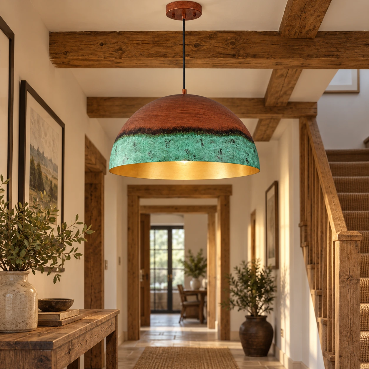 Textured Copper Patina Iron Dome Pendant Light — Gold Interior — A layered perspective - New2609-1024556 interior scene