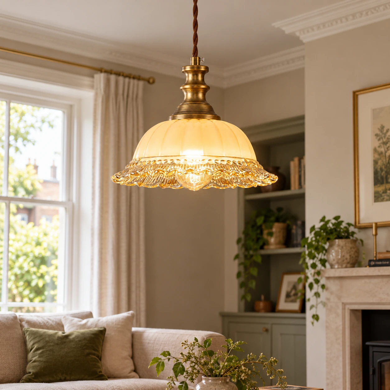 Vintage Fluted Glass Pendant Light — Scalloped Shade, Brass - New2609-1024448 interior scene