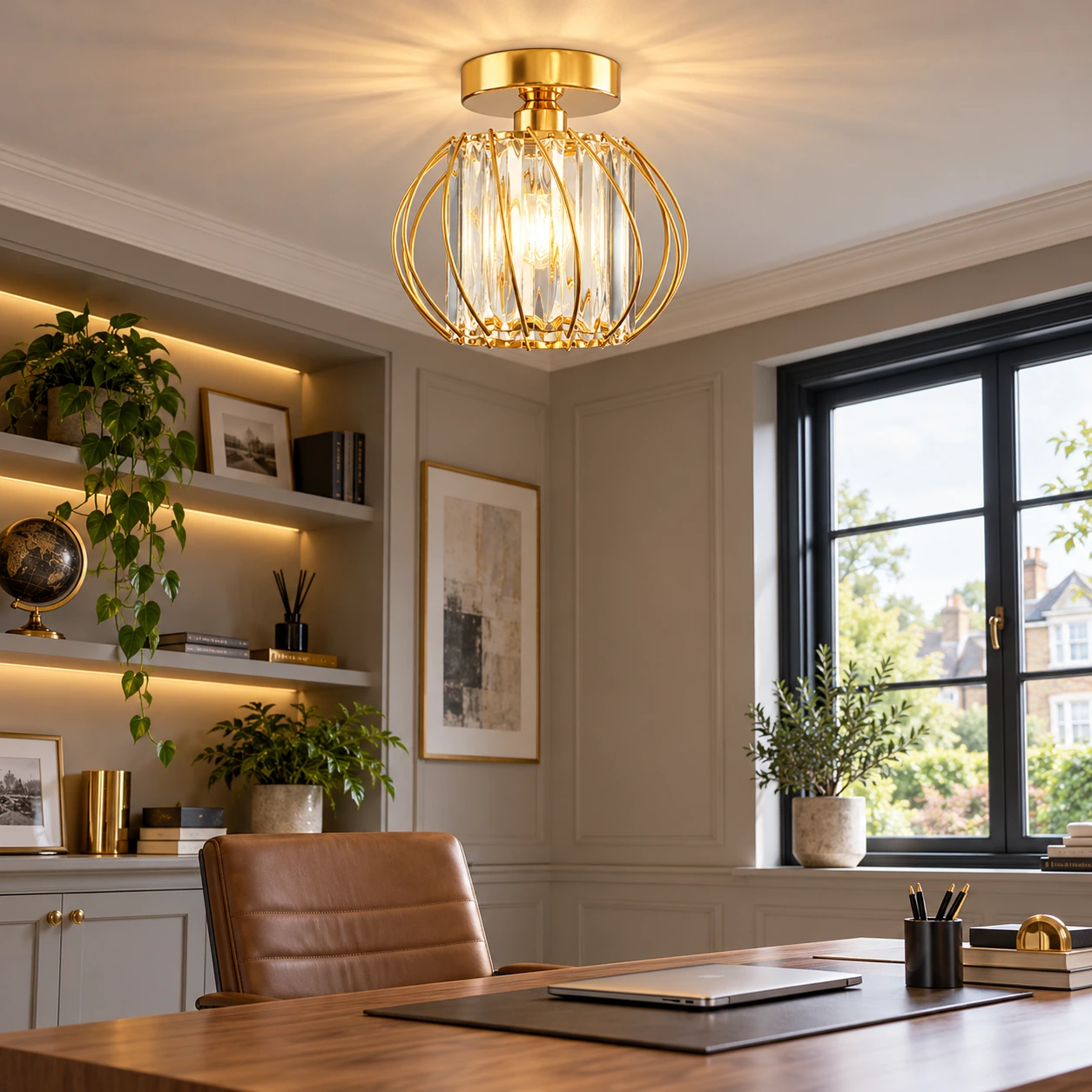 Geometric Cage Semi-Flush Crystal Ceiling Light — Clear Panels — A layered perspective - New2609-1024520 interior scene