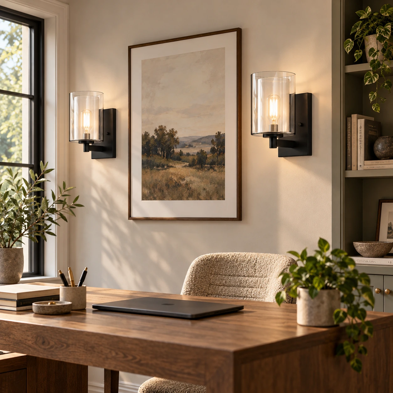 Set of 2 Double-Glass Wall Sconces — Reversible Mounting — A layered perspective - New2609-1024570 interior scene