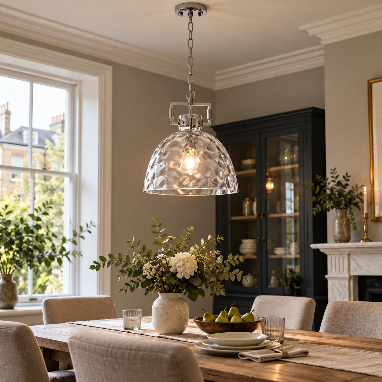 Clear Hammered Glass Pendant Light — Adjustable Chain — 13.8 inch / 35 cm, Gold, Chrome - New2609-1024496 interior scene