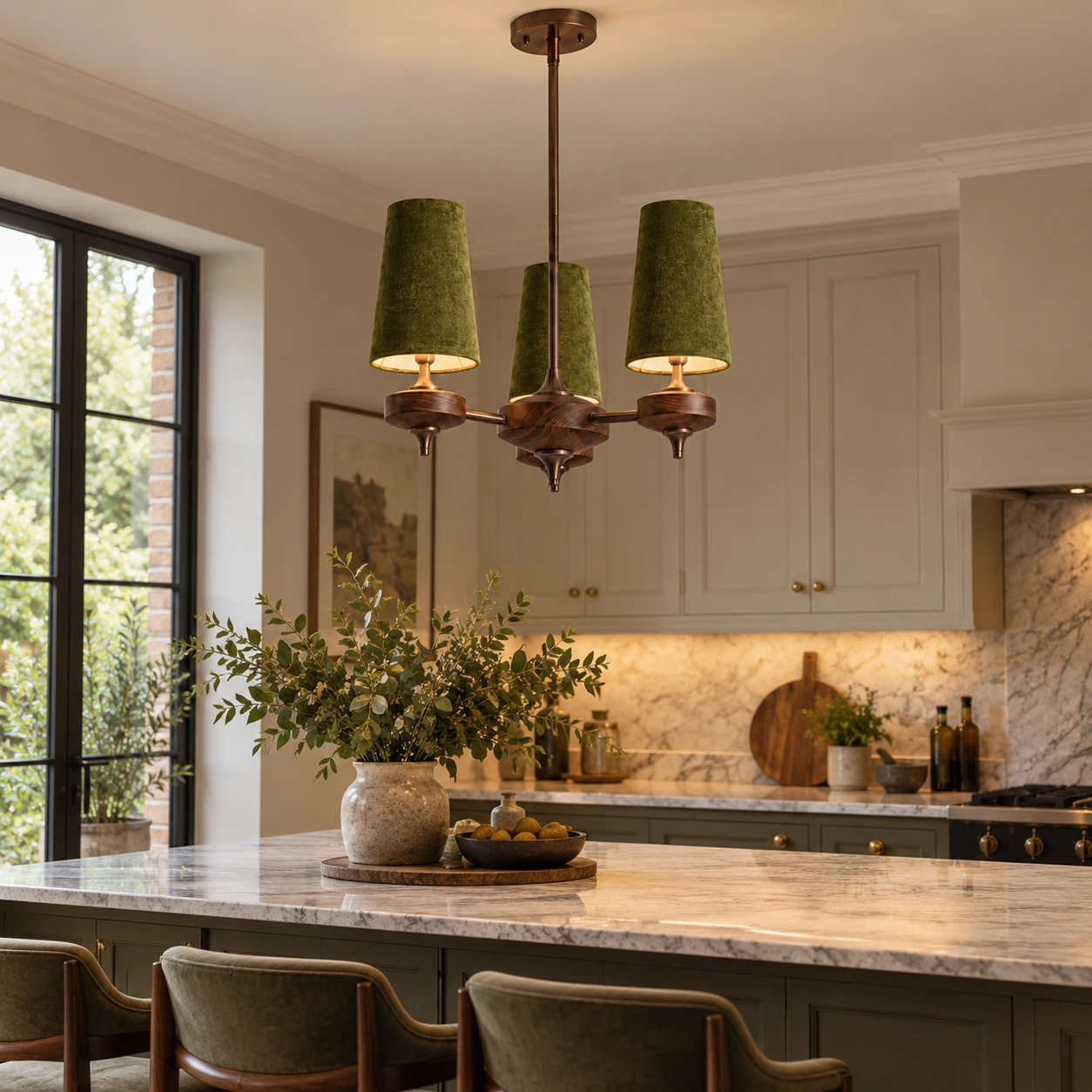 Hour Rho Walnut-Toned Wood | and Velvet Radial Chandelier — A layered perspective - New2609-1024563 interior scene