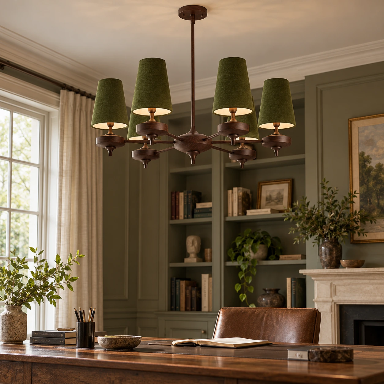 Hour Rho Walnut-Toned Wood | and Velvet Radial Chandelier — A layered perspective - New2609-1024560 interior scene