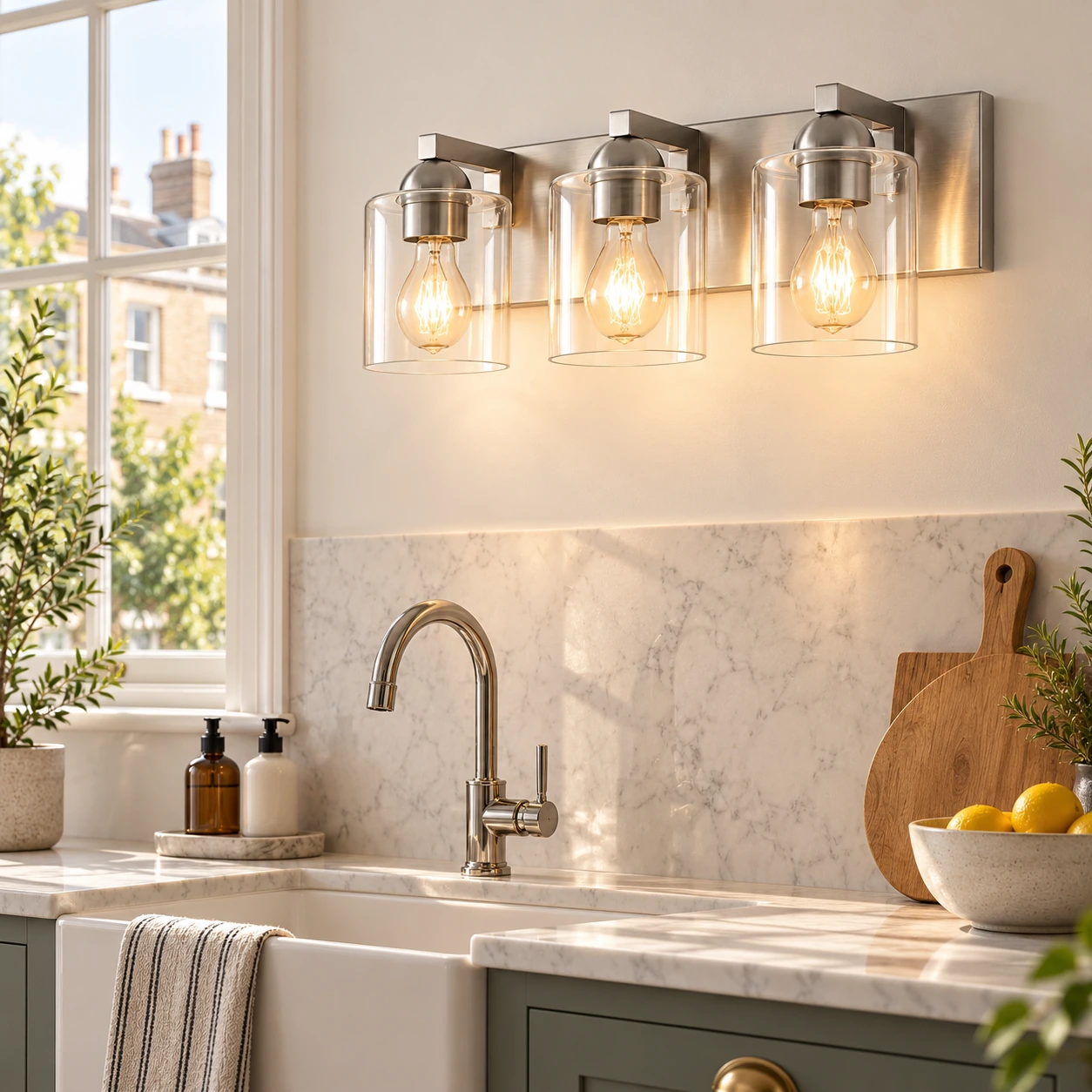 Cylindrical Glass Shades | Modern Metal Bathroom Vanity Light — A layered perspective - New2609-1024428 interior scene